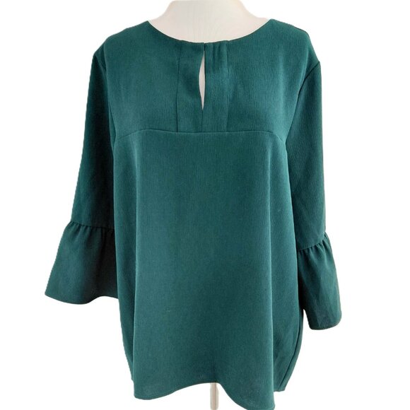Ellie Kai Popover Blouse Size XL Hunter Green Ruffled Bell Sleeve Textured Crepe - Picture 1 of 10